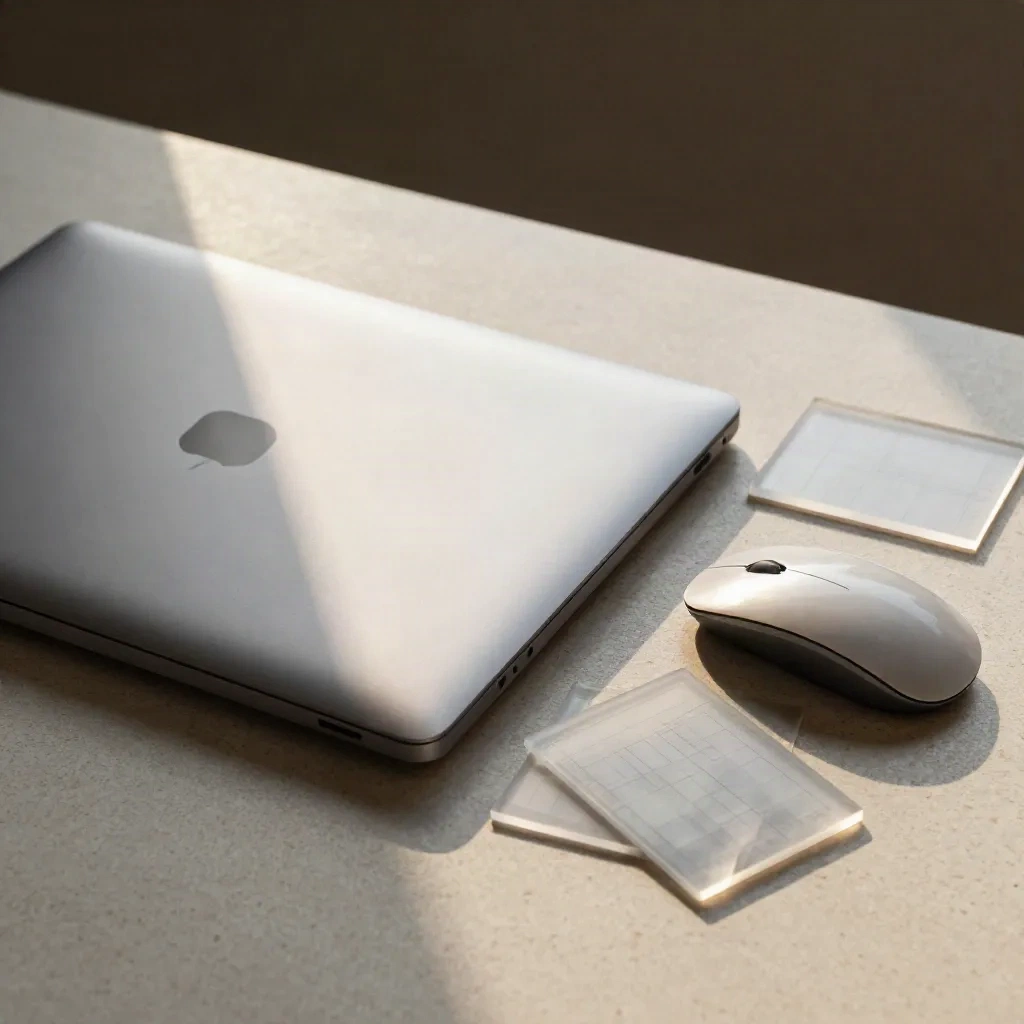 Gesloten laptop met muis, rasterkaarten en frosted acryl op travertin, schuin van boven.