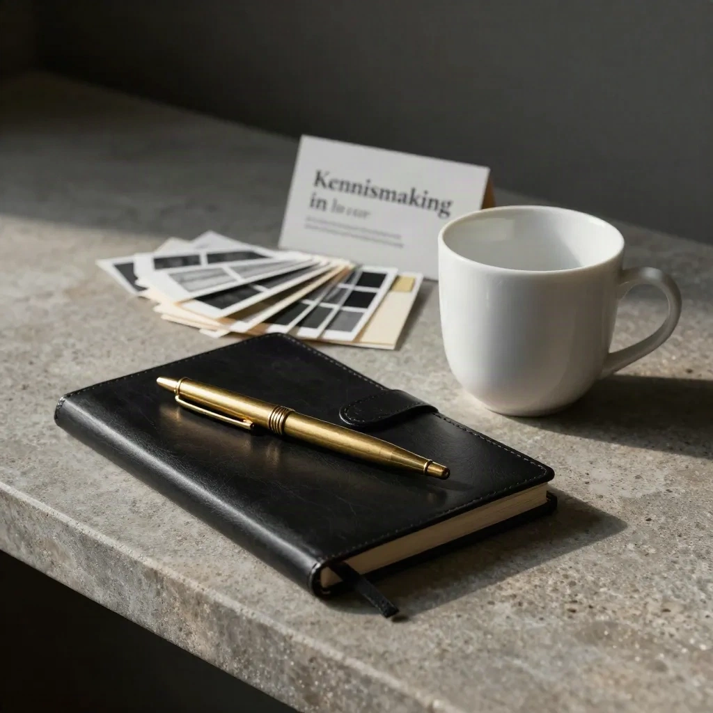 Zwart notitieboek, messing pen, swatch deck en witte kop op stenen plank.