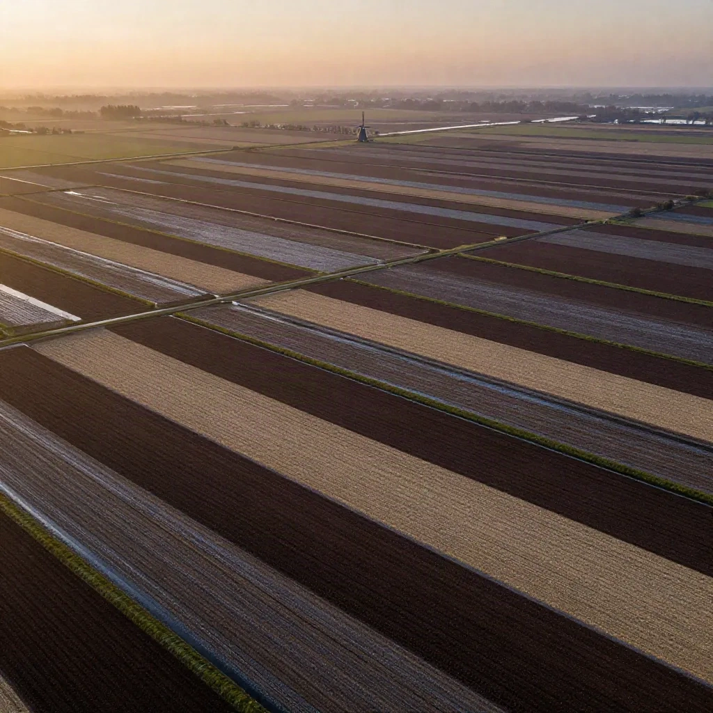 Luchtfoto van poldervelden met sloten en een verre windmolen in warme avondmist